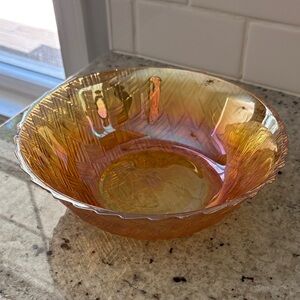 Vintage Indiana Glass iridescent marigold basket weave bowl
